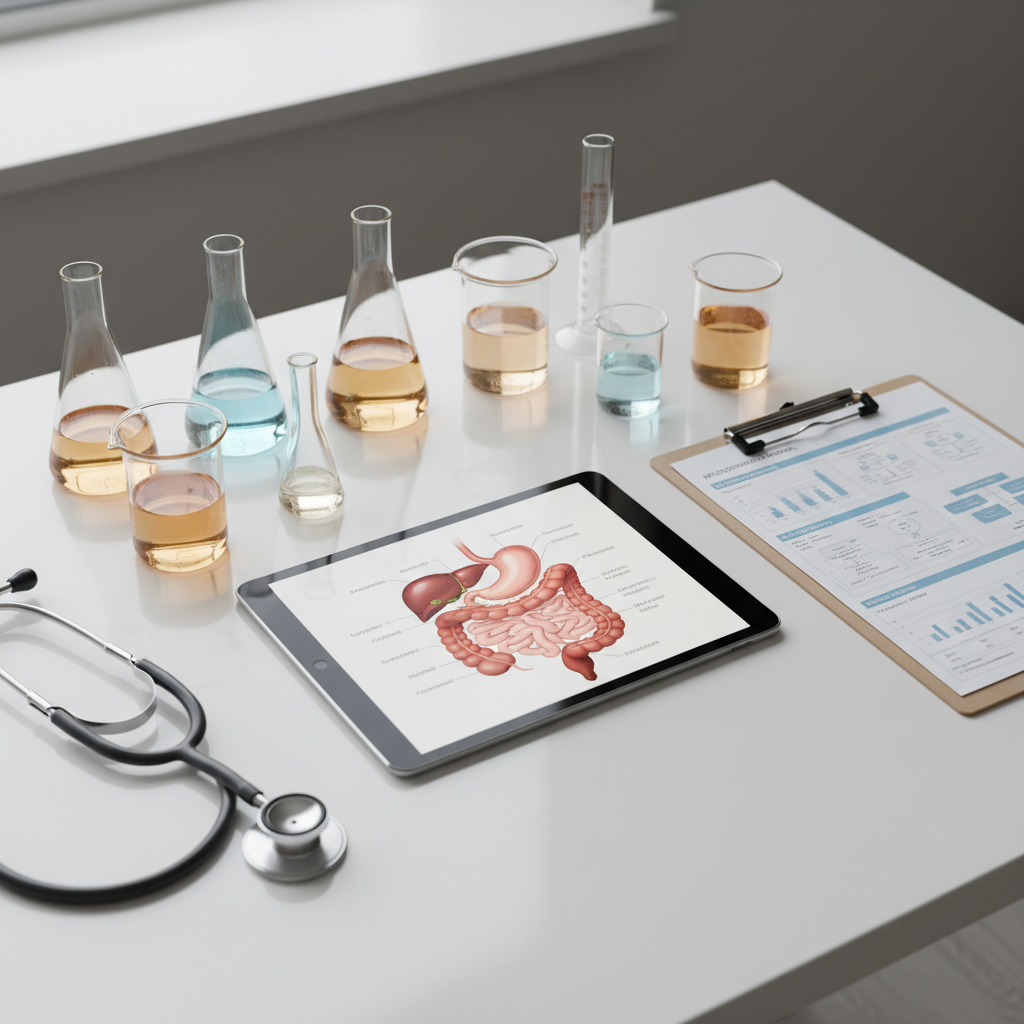 A polished white desk surface with a detailed anatomical illustration of the human digestive tract printed on a tablet screen, surrounded by neatly arranged laboratory glassware with clear and softly tinted liquids, a stethoscope, and a clipboard with structured notes and charts. Diffused daylight from a large unseen window bathes the scene in soft, even light, creating delicate reflections on the glass and metal surfaces. Captured from a slightly elevated angle with sharp focus throughout, the composition follows the rule of thirds, highlighting the tablet as the central element. The mood is professional, clinical, and reassuring, conveying scientific rigor in microbiome and nutrition work, in crisp photographic realism with a clean, modern health studio atmosphere.