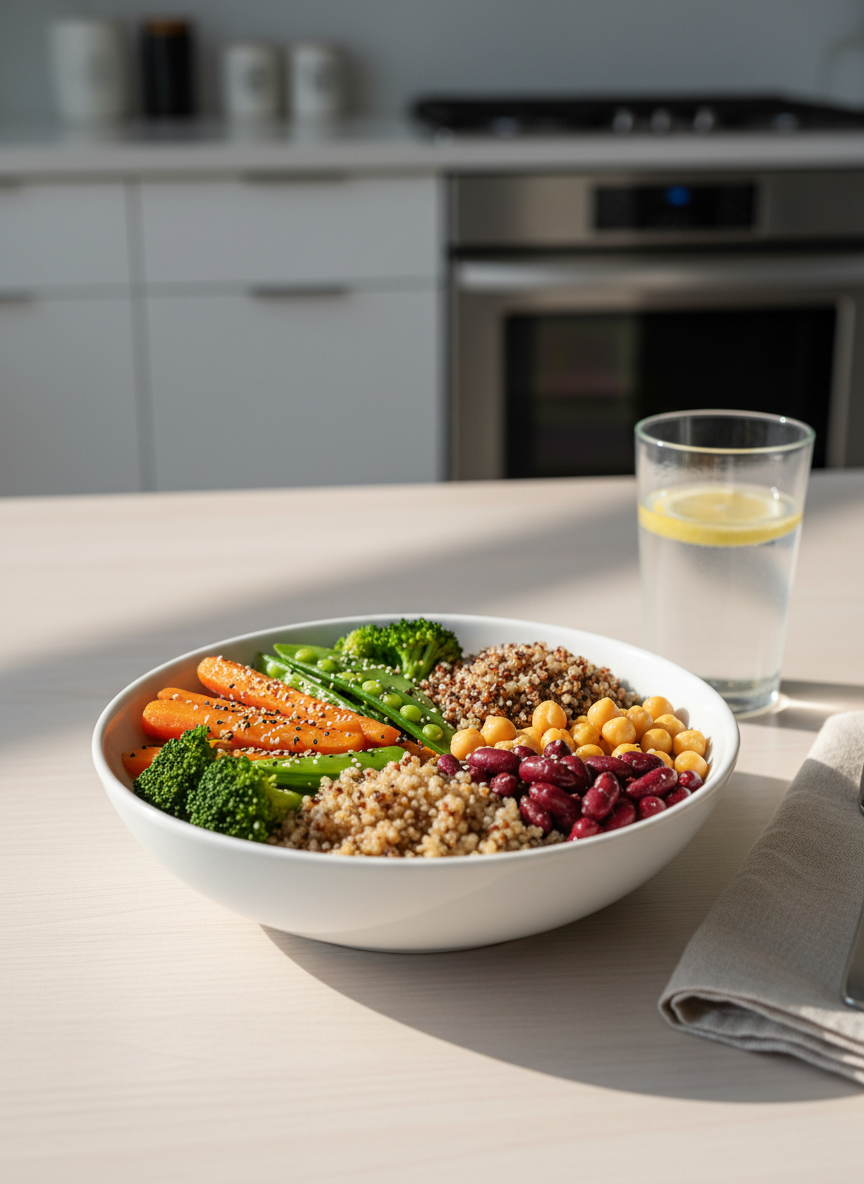 A clean, white ceramic bowl filled with a vibrant mix of steamed seasonal vegetables, whole grains, and legumes arranged in distinct, colorful sections, lightly sprinkled with seeds. The bowl rests on a pale wooden table beside a neatly folded linen napkin and a glass of water with a lemon slice. Soft morning daylight enters from the left, creating gentle highlights on the fresh ingredients and subtle shadows along the bowl’s curve. Shot at eye level with a shallow depth of field, the background fades into a softly blurred, modern kitchen setting. The photographic realism emphasizes freshness, balance, and scientific precision in nutrition, with a calm, professional atmosphere and a minimalist, clinic-inspired aesthetic.